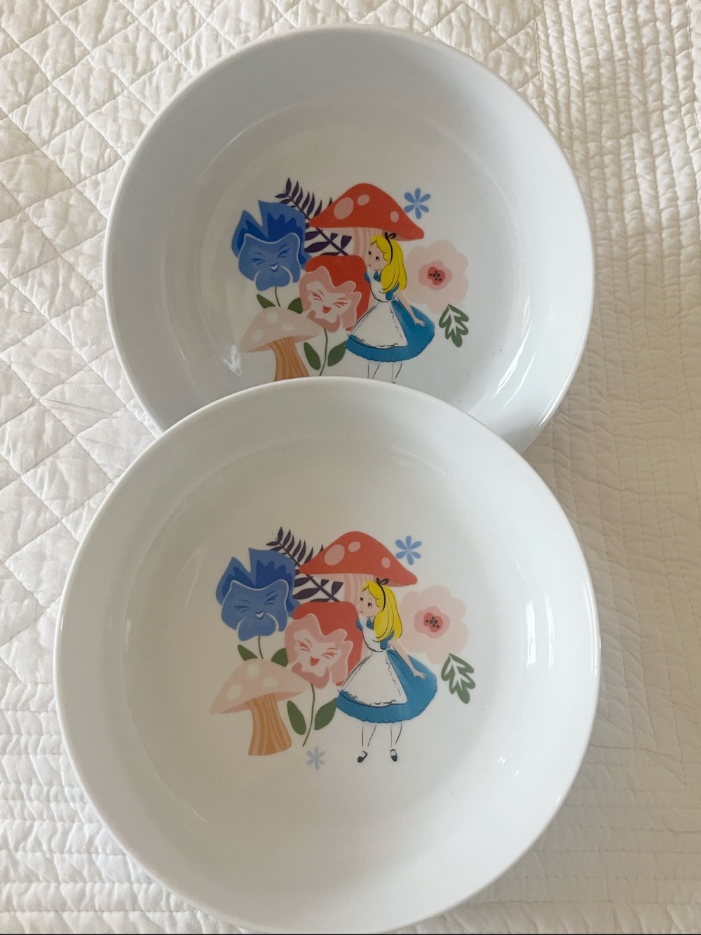 White Alice in Wonderland Ceramic Serving Bowls with Floral Illustration